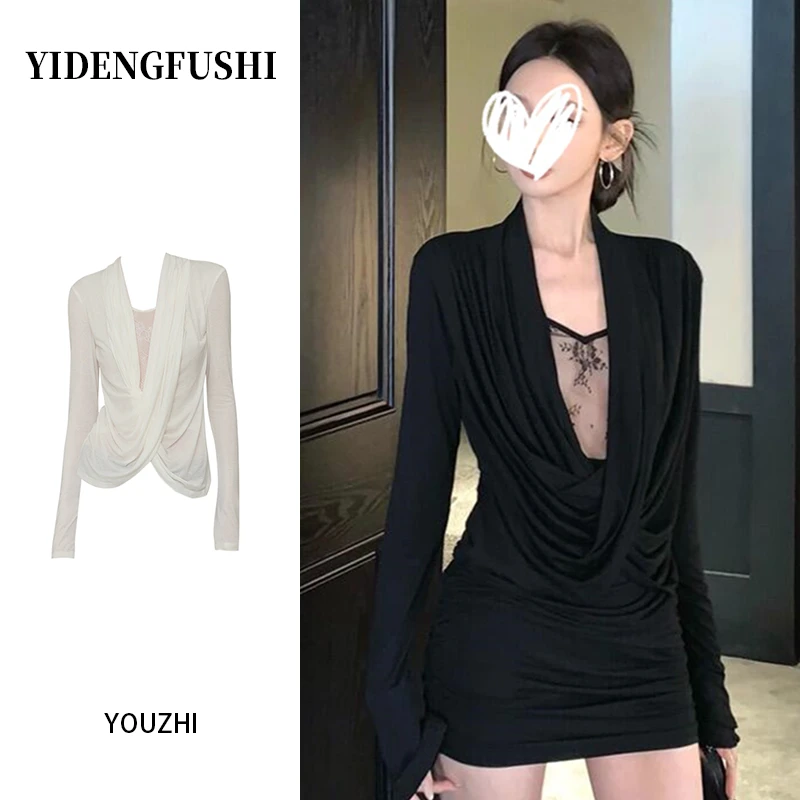 YIDENG性感辣妹交叉荡领高级感蕾丝假两件长袖秋季绝美显瘦T恤