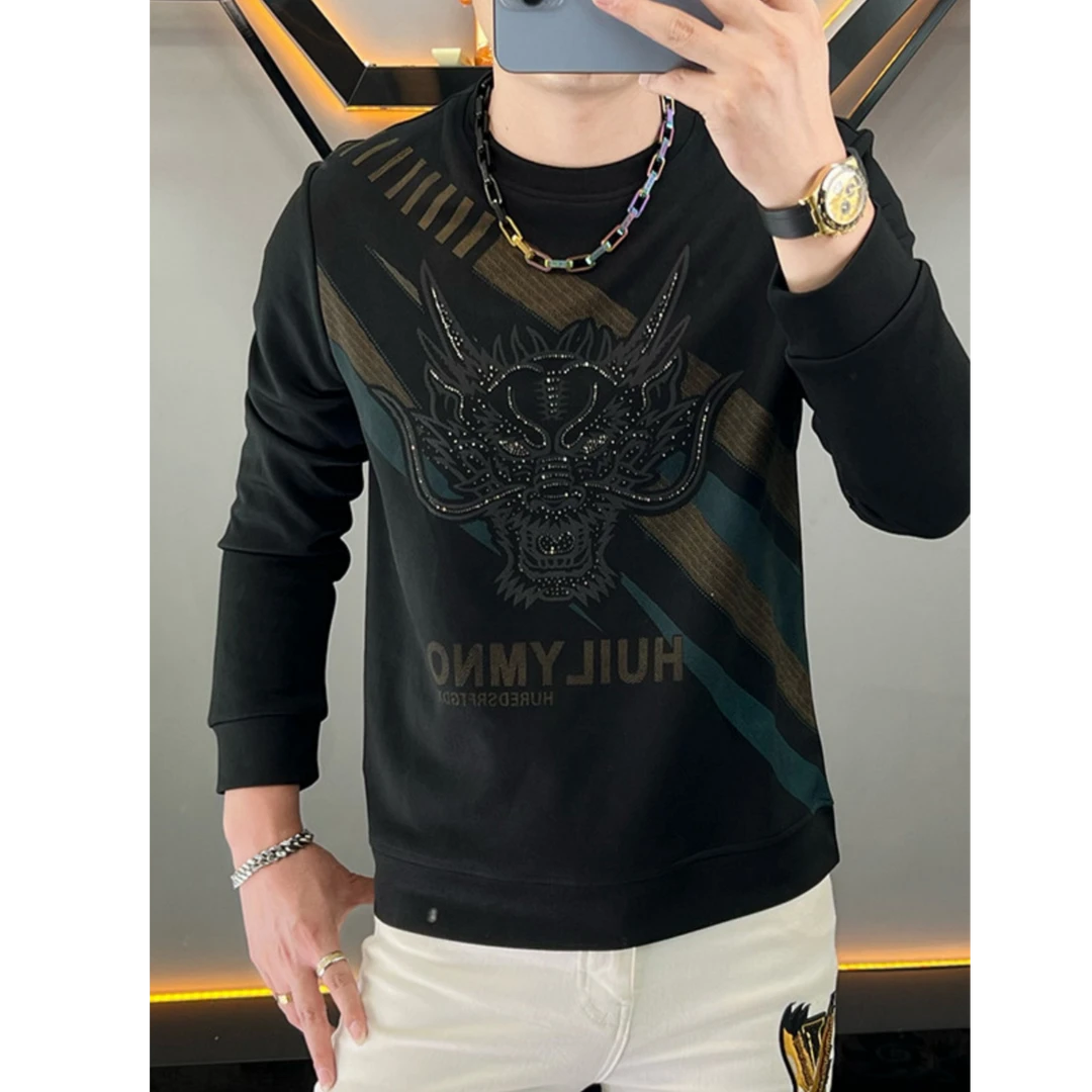 奇珀菲仑秋季长袖卫衣男士潮流休闲内搭打底衫龙头烫钻圆领上衣