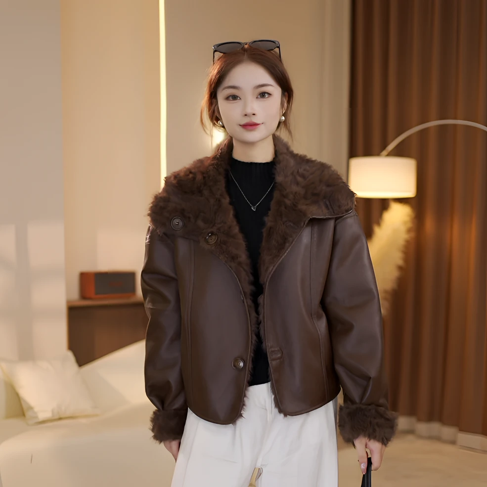 【七七】2025秋冬翻领短款设计师女保暖加厚毛双面双穿轻奢外套