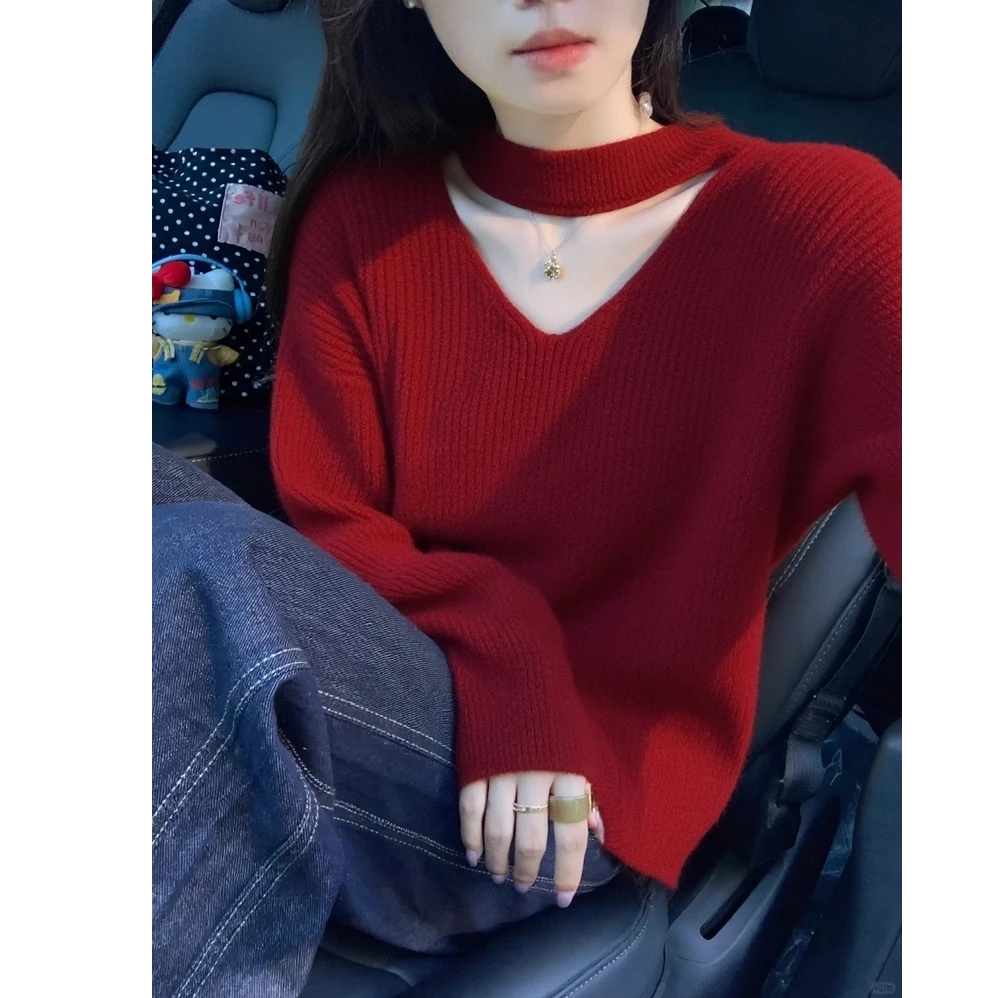 韩系独特漂亮红色挂脖针织衫女2025秋季新款气质优雅百搭显瘦毛衣