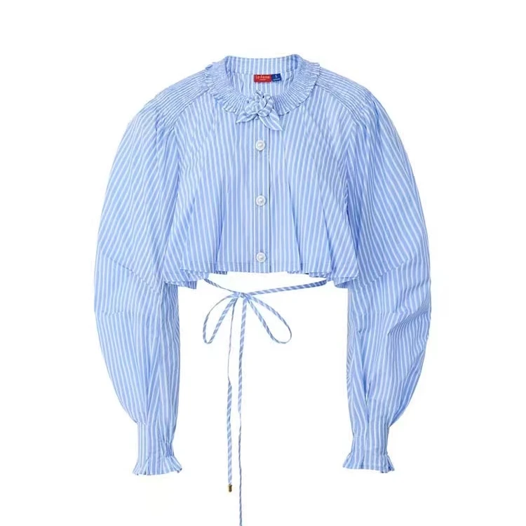 LeFame/拉飞姆LeFame24夏条纹短衬衫LF24X11SB202短款蓝色设计感