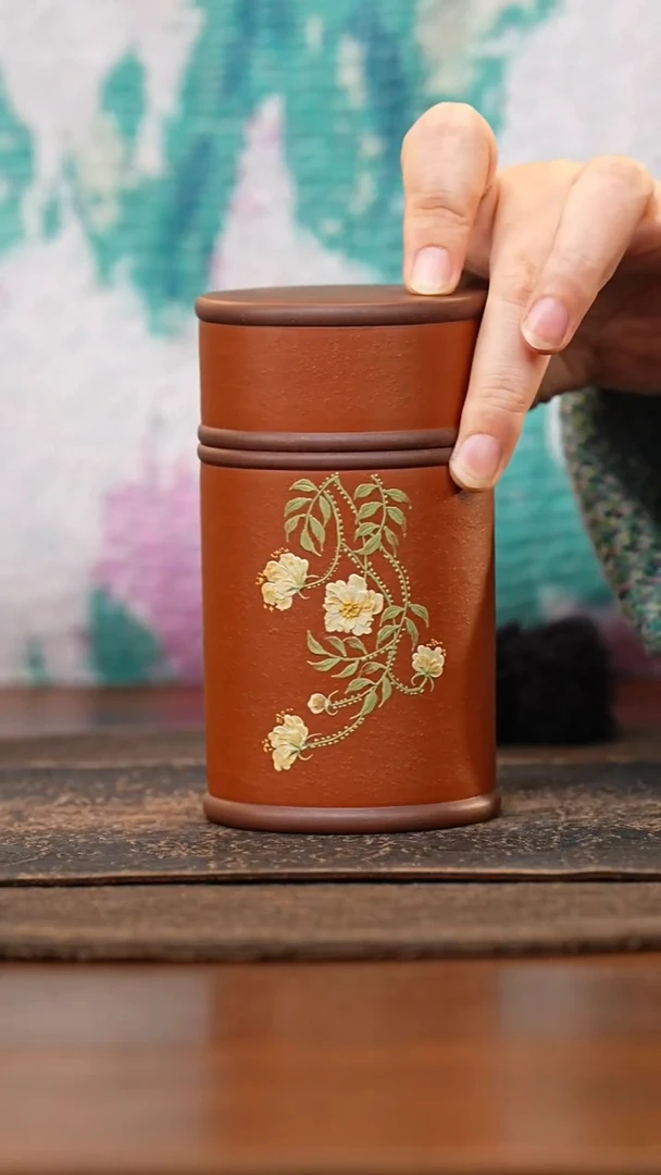 紫砂茶叶罐小罐朱泥泥绘海棠花