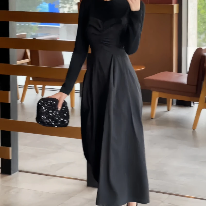 茶歇风法式假两件黑色连衣裙初秋新款女装气质赫本风小黑裙时尚风