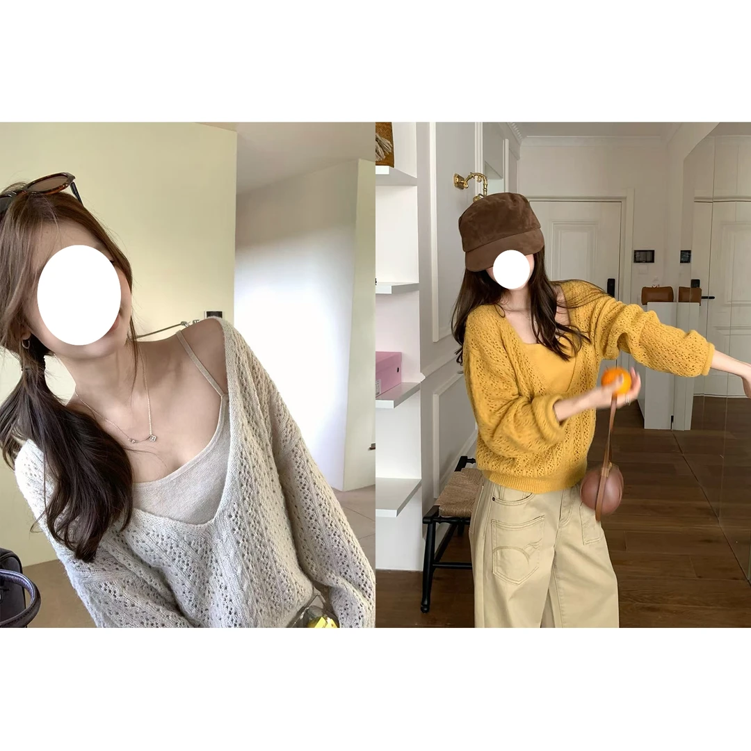 首尔假期~ V领镂空韩系氛围感毛衣绞花针织罩衫配背心吊带两件套