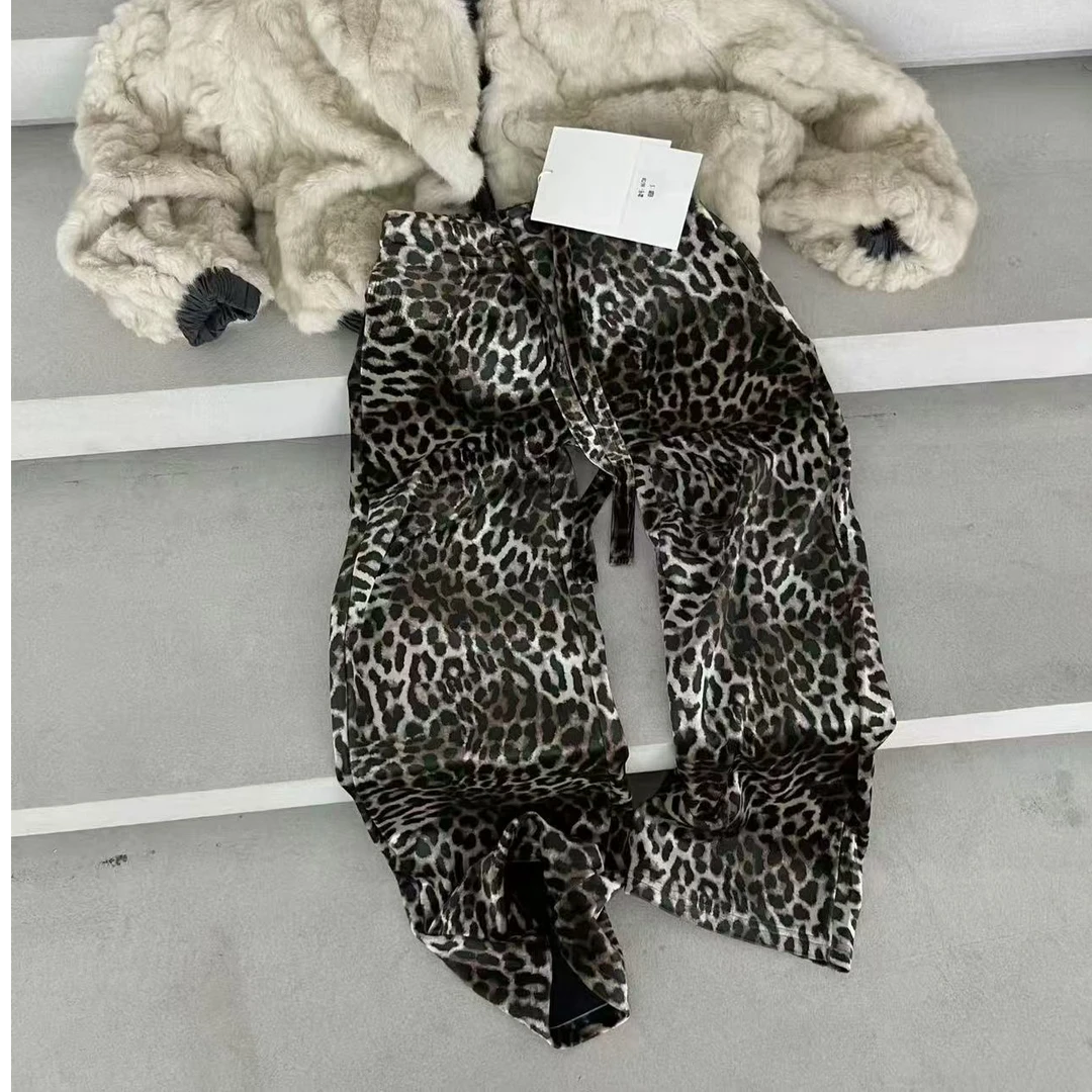 欧韩时尚小众加绒丝绒休闲豹纹裤