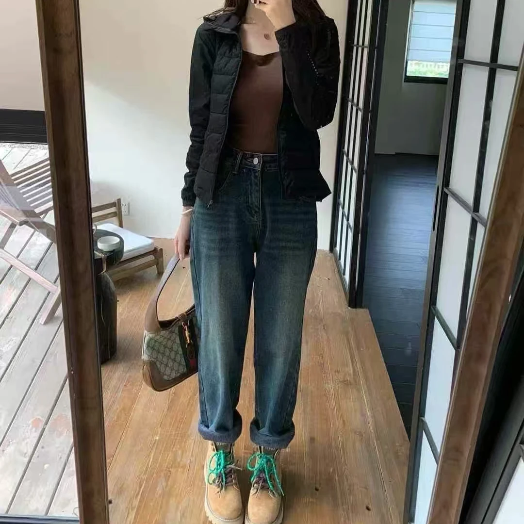 【萝卜裤加厚绒复古蓝】6006加绒中高腰哈伦萝卜牛仔裤女垂感牛仔裤