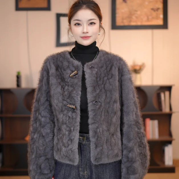 【七七】2025灰紫色女士短款毛毛外套设计师冬季气质网红2