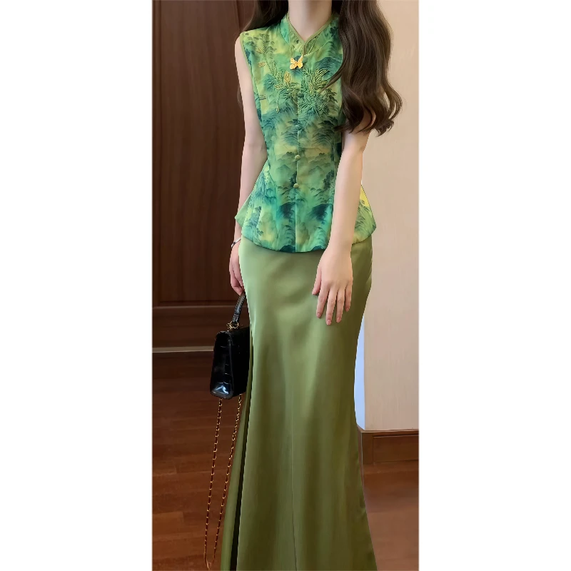 【又见青山】新中式国风雅韵水墨画上衣&缎面半身鱼尾长裙9368