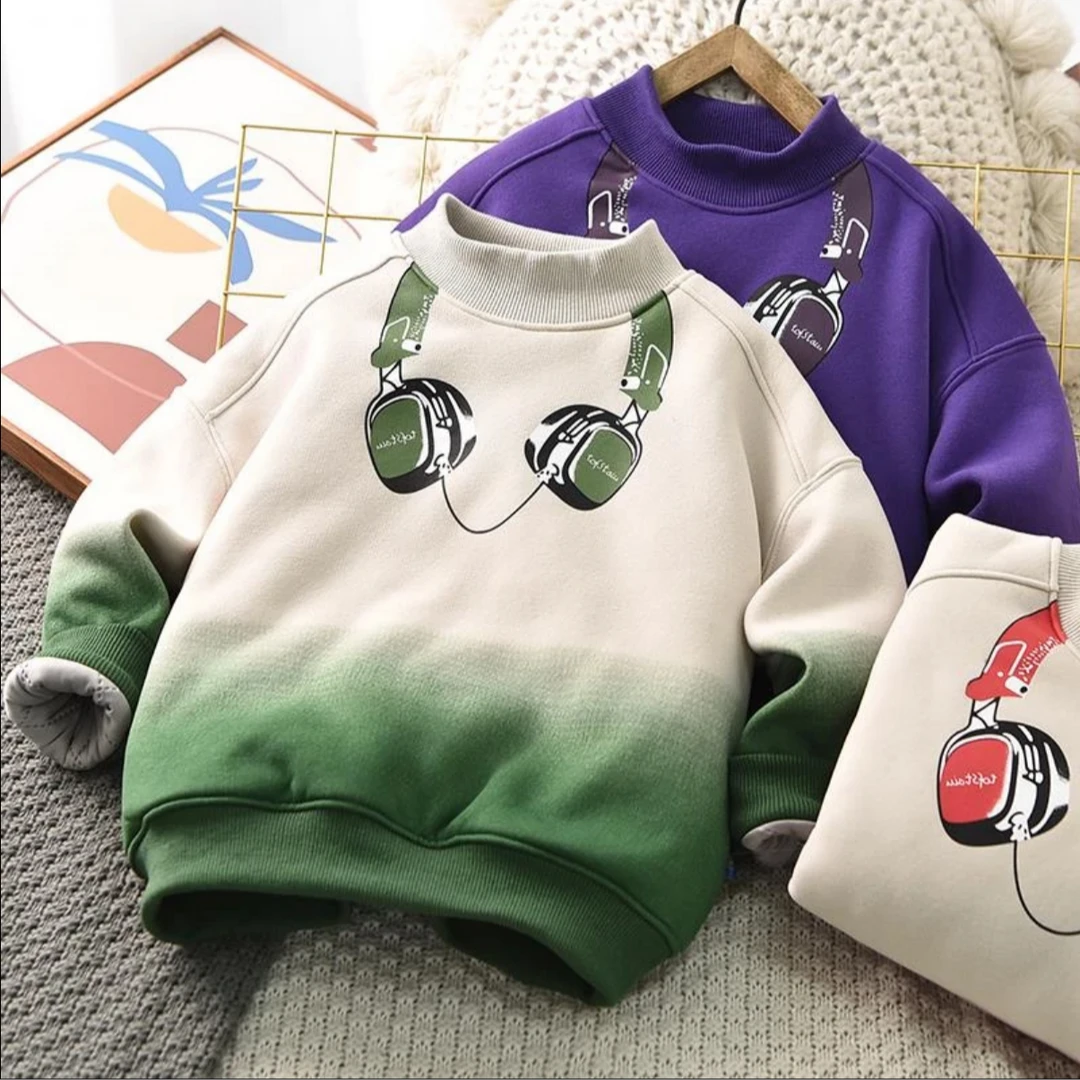 冬季儿童加绒加厚三层绗绵中大童渐变色圆领休闲卫衣 7008