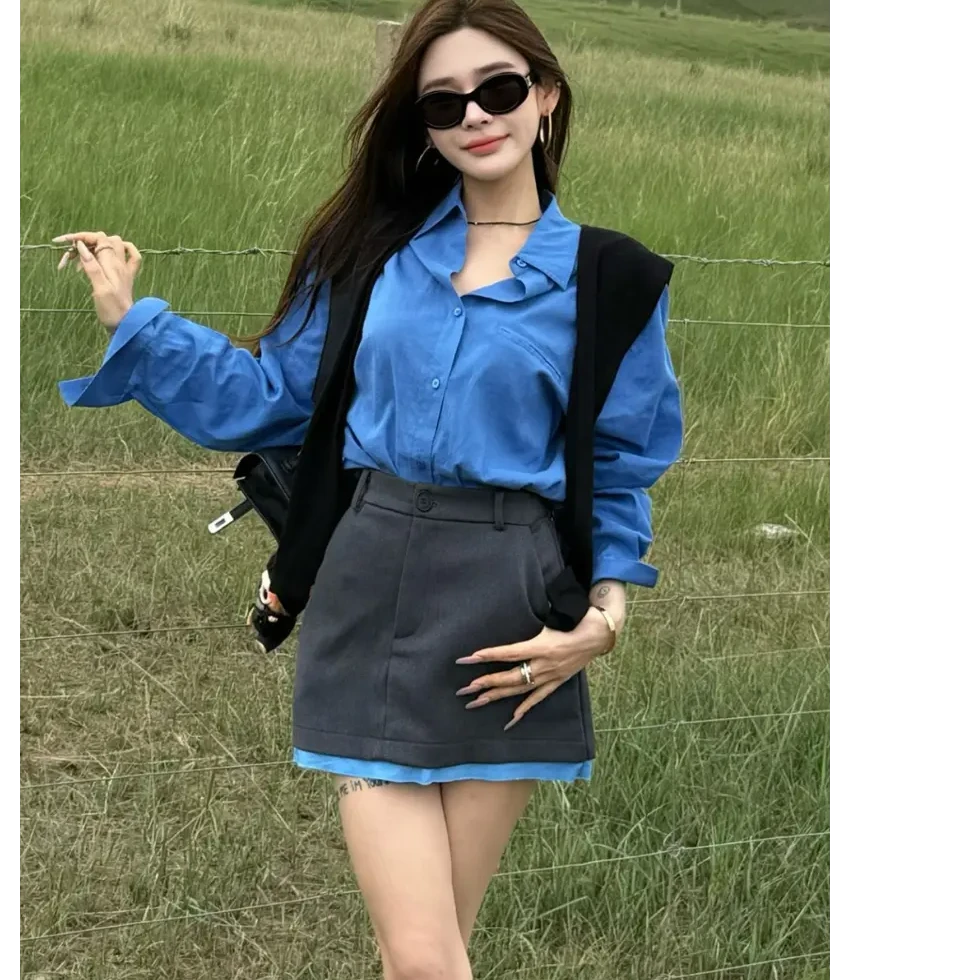 2025秋季新款时尚韩系百搭气质衬衫上衣披肩高腰西装半身裙三件套