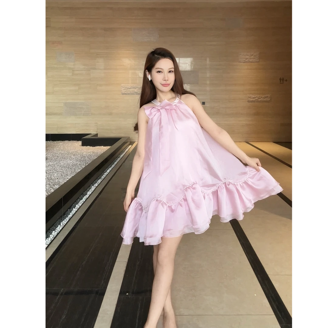 姜穹JIANGQIONG 2025夏季新款时尚蝴蝶结珠链细闪纱质A摆连衣裙