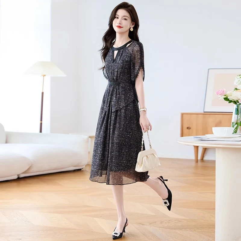 广州十三行爆款连衣裙子女夏2025新款流行杭州高端40减龄两件套装