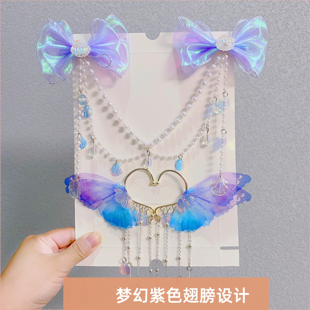 新款儿童蝴蝶结额头链发饰人鱼姬珍珠流苏发夹女童美人鱼耳挂超仙