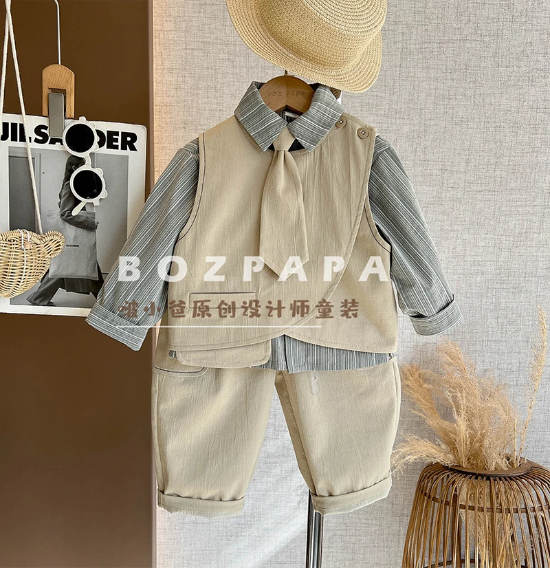 现货啵小爸【杏仁榛饼】2025春季男童韩系休闲设计感儿童马甲三件套