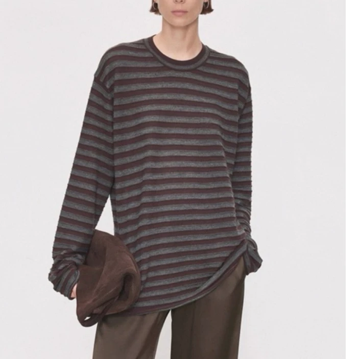 YANG ZONE_绵羊毛桑蚕丝混纺条纹经典莱赛尔长袖T恤YJ-SS37714