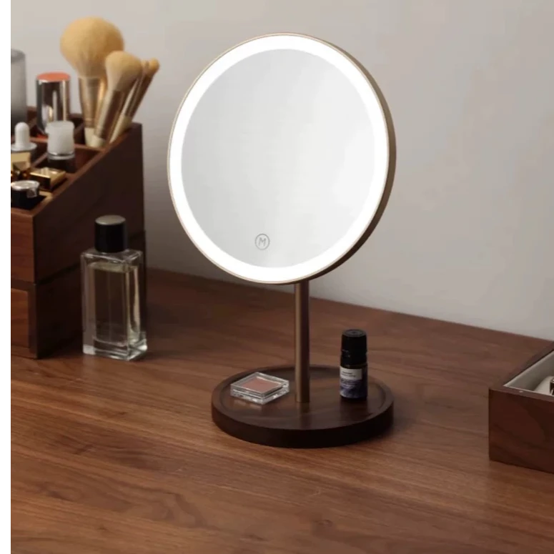 【百轩居】北美黑胡桃木桌面台式化妆镜LED梳妆台大镜面高清美妆镜