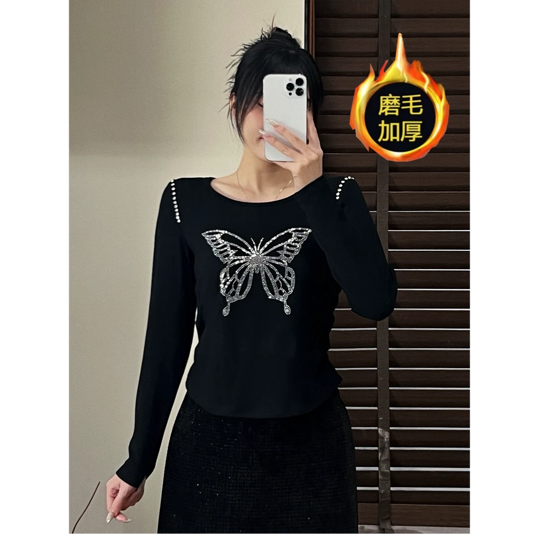 打底衫女2024冬季新款蝴蝶重工烫钻钉洋气百搭修身上衣-6778