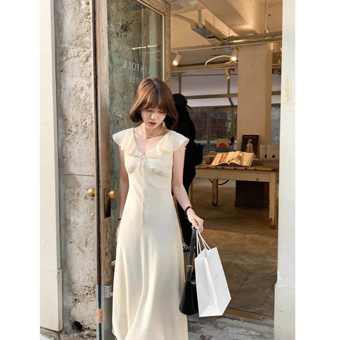 【日光花房】夏季V领哑光肌理感裙新款小飞袖连衣裙