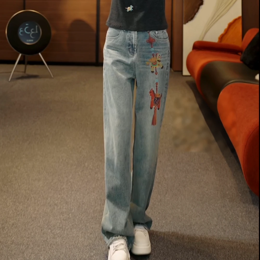 『复古牛仔』2026春款美式做旧时尚直筒牛仔裤马年元素女LK2509241