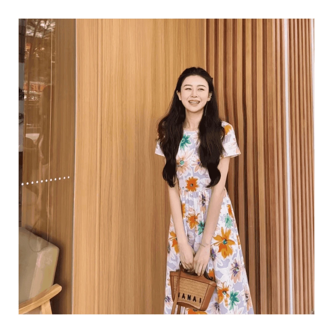 哥弟【向阳翩跹】夏季优雅气质印花短袖连衣裙女1500533度假