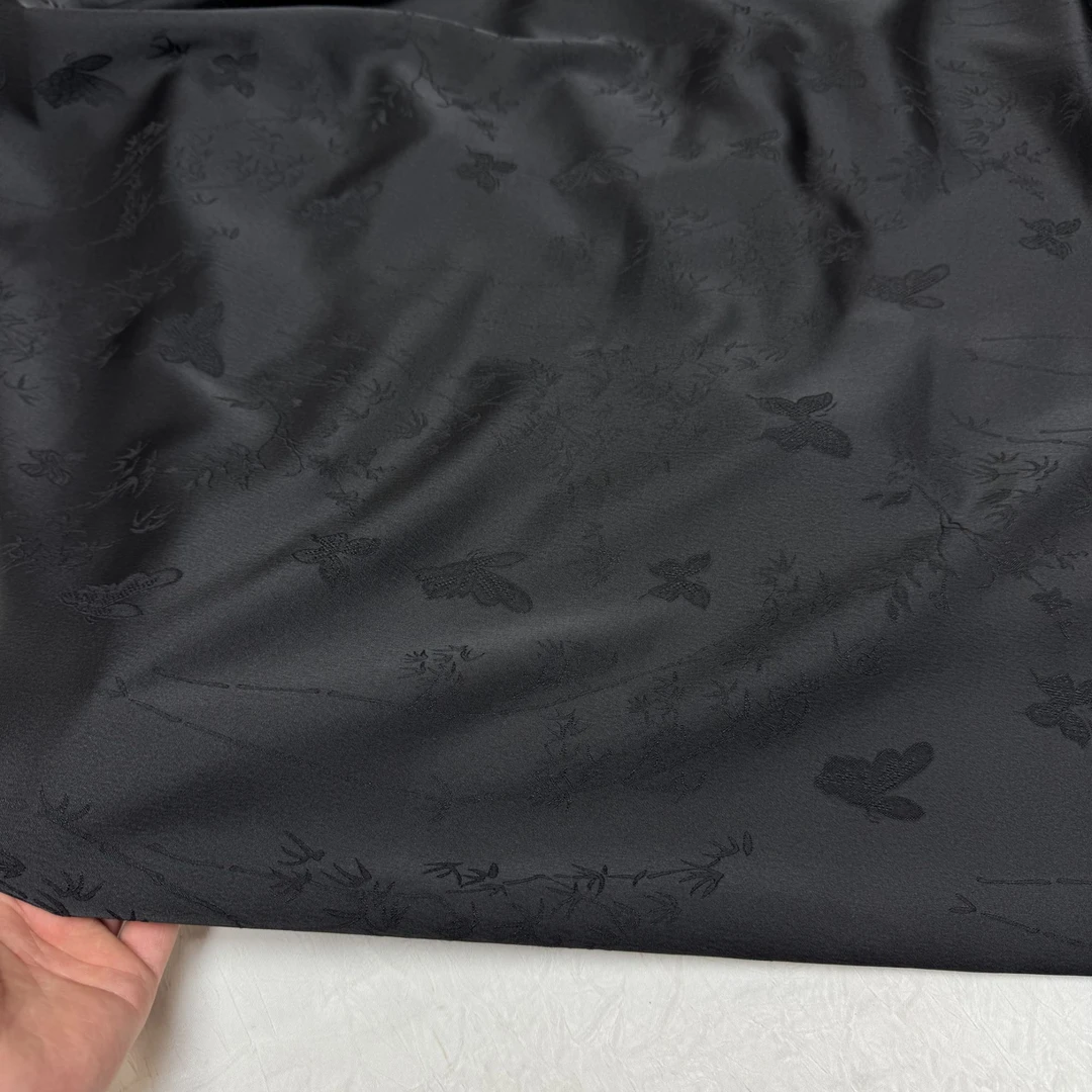 黑色雅竹蝴蝶重缎新中式布料