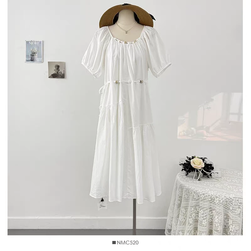 【粉丝福利】方领温柔风白色泡泡袖连衣裙夏季新款高级感掐腰长裙