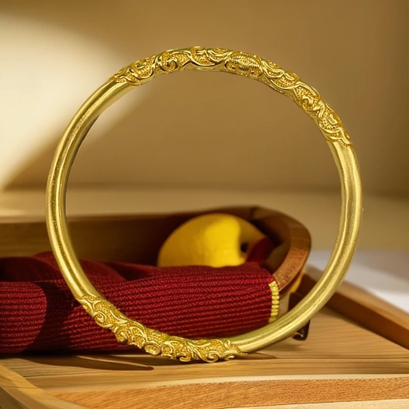 金色 素圈卷草纹实心手镯女款手工气质时尚复古古风国潮传承精