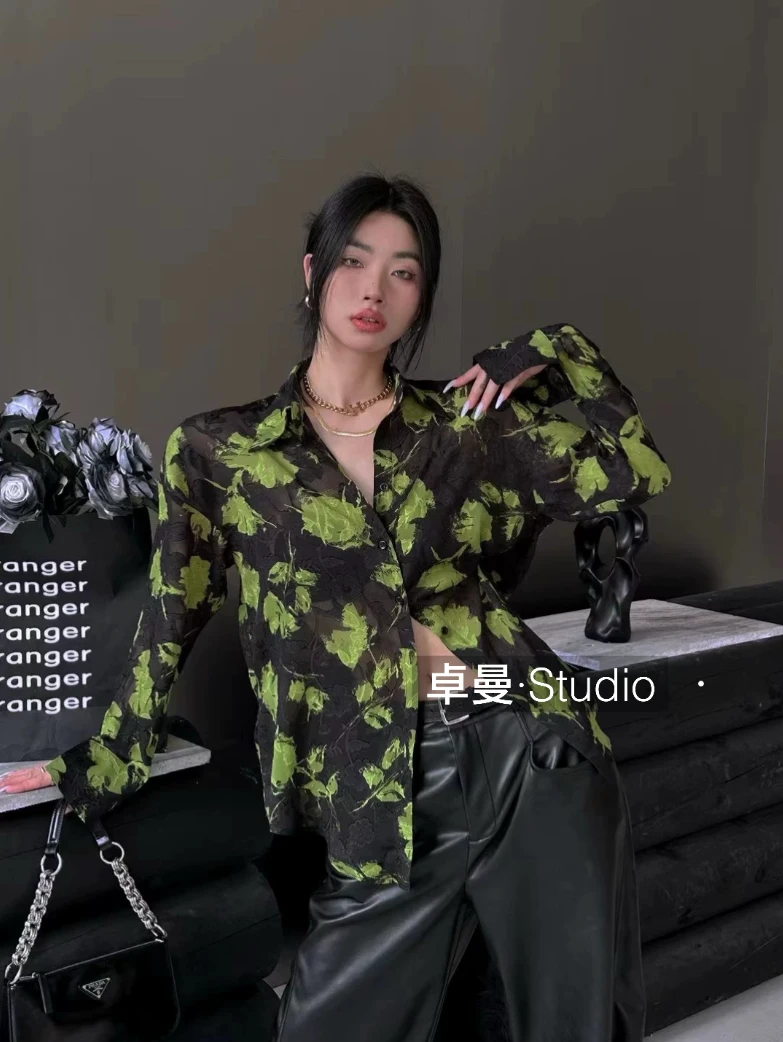 (微透长袖)复古衬衫女提花轻奢花色洋气显瘦百搭气质上衣夏