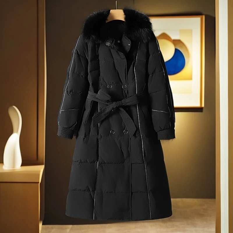 【贝轻奢风】冬狐狸毛领双排扣百搭修身腰带羽绒服外套女019