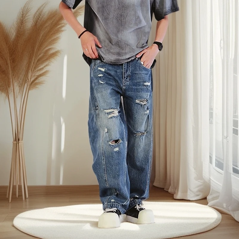 牛仔裤高端潮流时尚重工水洗破洞弯刀百搭高街宽松轻奢痞帅男装