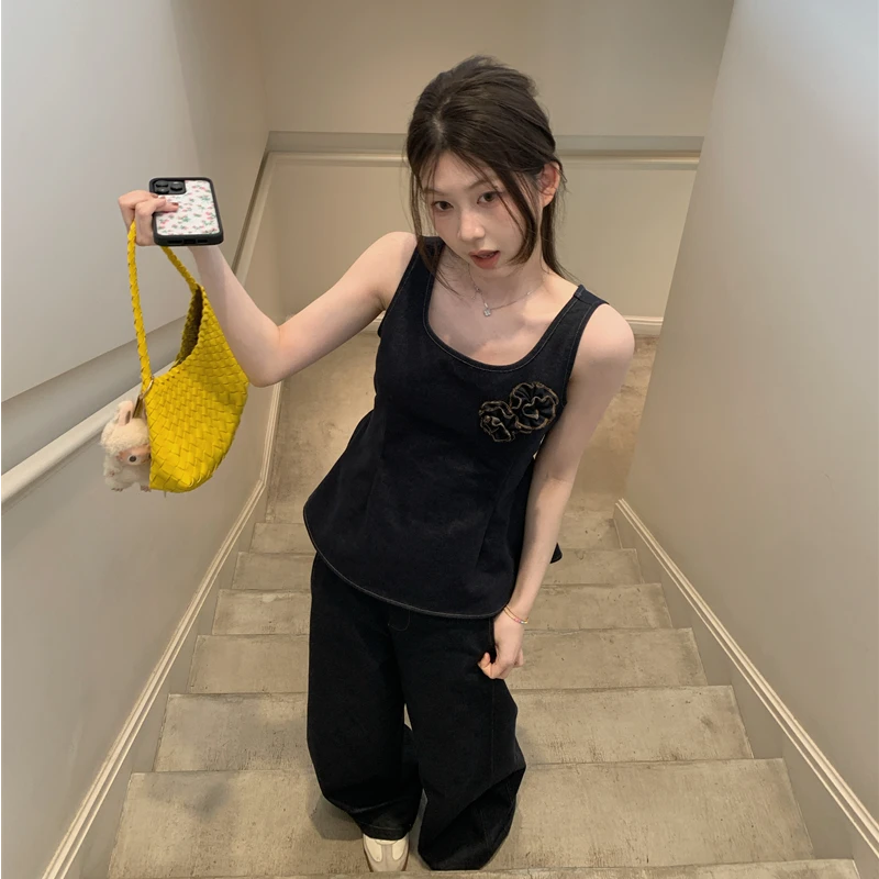 【OPENING自制】背后心机露腰系带背心+直筒阔腿长裤两件套