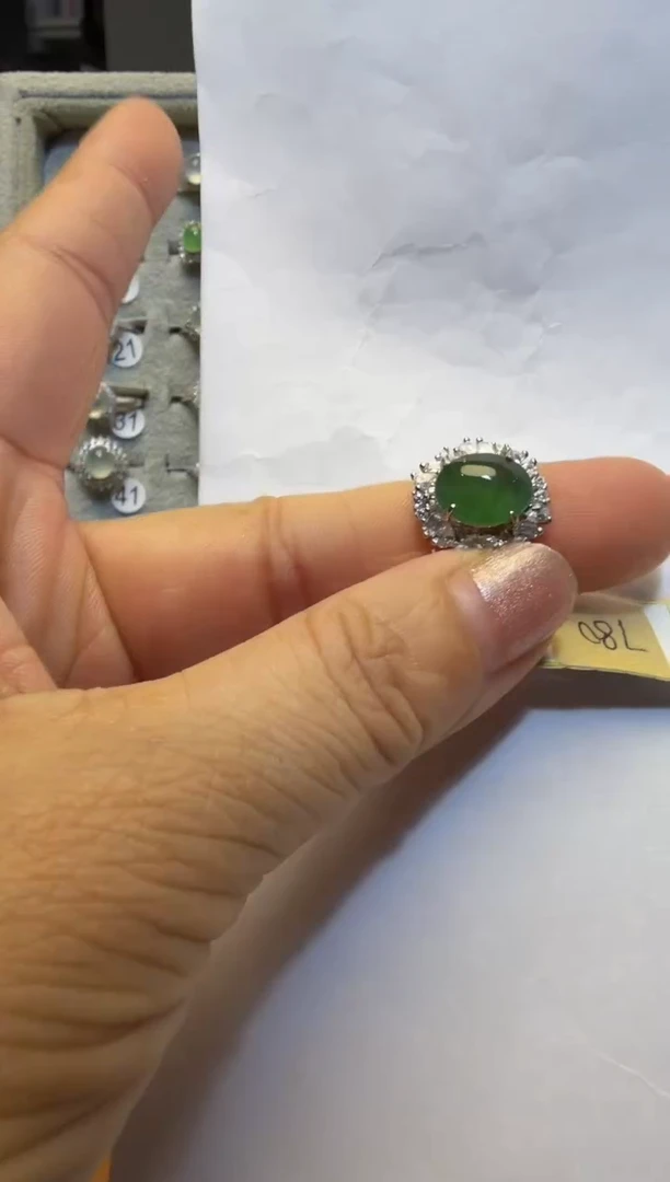 银S925镶嵌戒指翡翠925银镶缅甸A货翡翠戒指