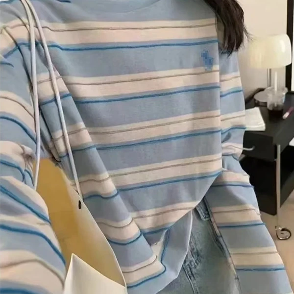 韩版时尚百搭简约撞色休闲条纹T恤宽松显瘦圆领长袖T恤