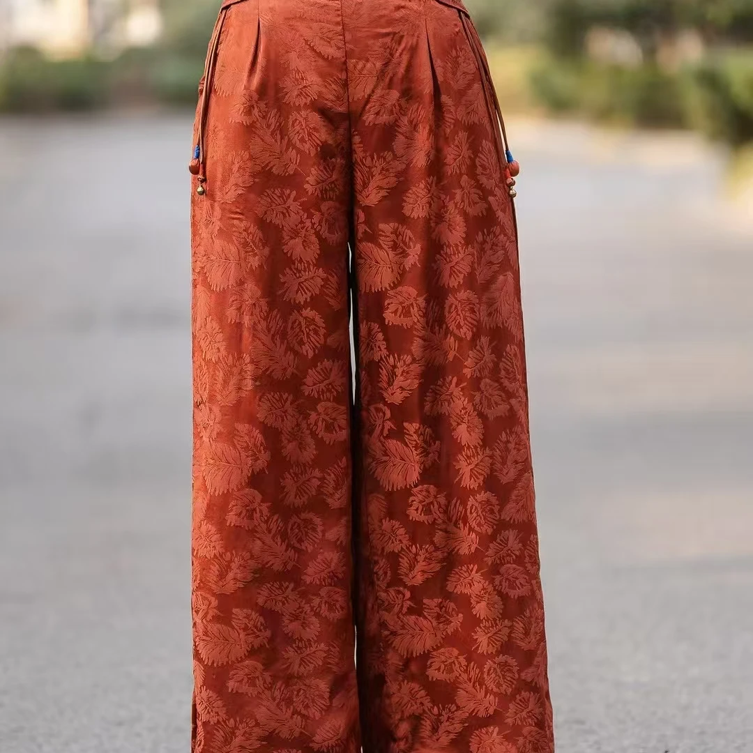 民族风春款腰封刺绣锻面阔腿裤6346