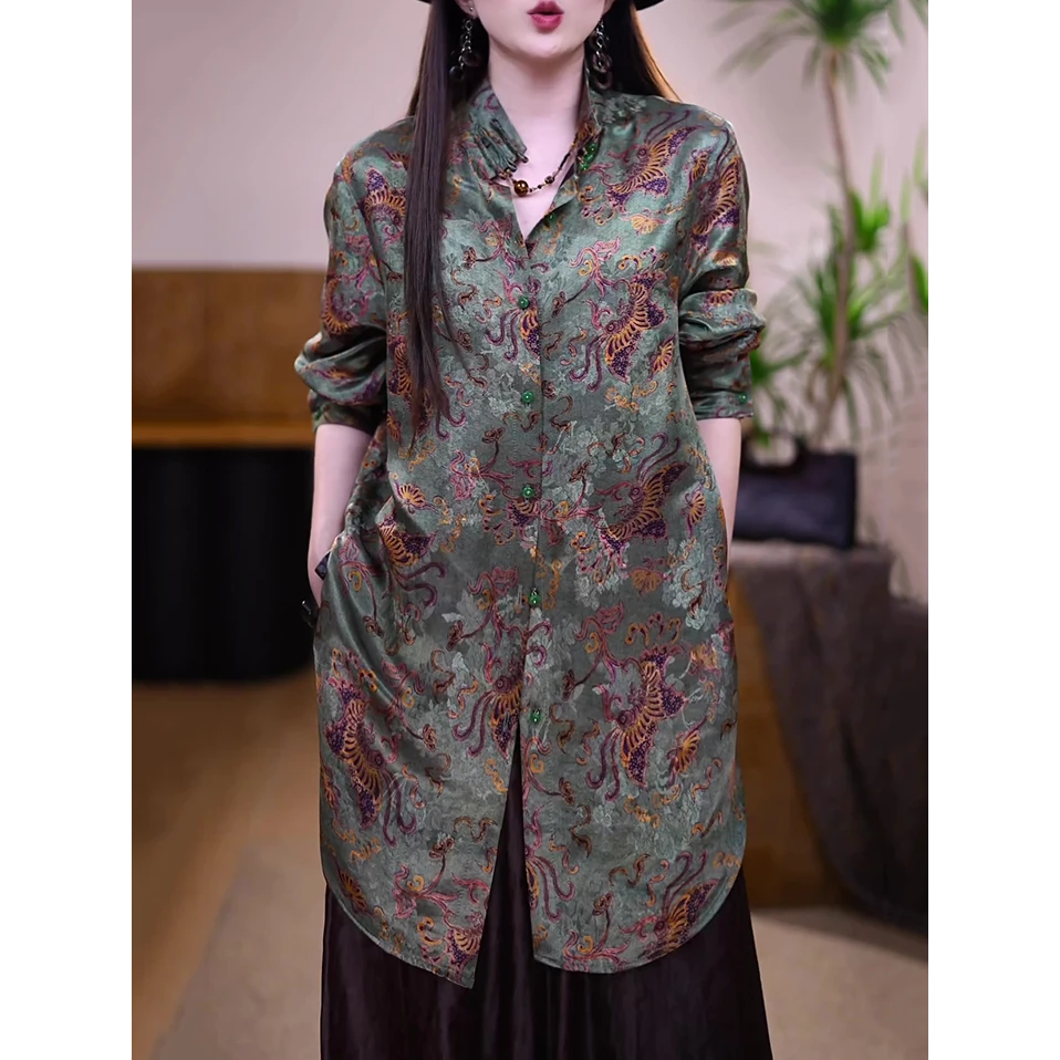 高端民族风提花长袖衬衫女2025秋季新款复古气质宽松显瘦高贵衬衣