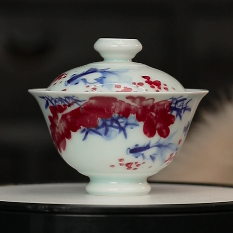 1.3a/n200230/00678/青花釉里红金鱼盖碗/口径9.4/高8.1/125cc