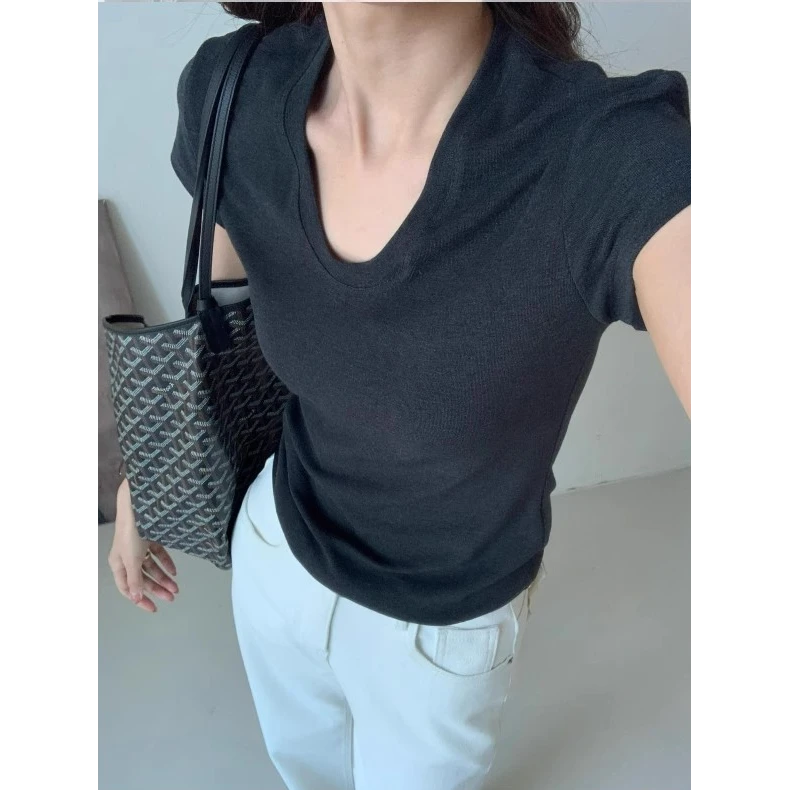 深灰色u领短袖T恤女正肩夏季薄款2025新款修身显瘦纯色基础款上衣