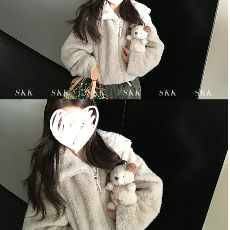 秋冬季韩版时尚少女宽松型毛绒短外套毛领保暖ins甜美毛毛外套