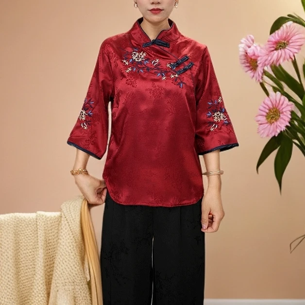 温-新中式国风中式盘口打底刺绣新款小衫夏季时尚