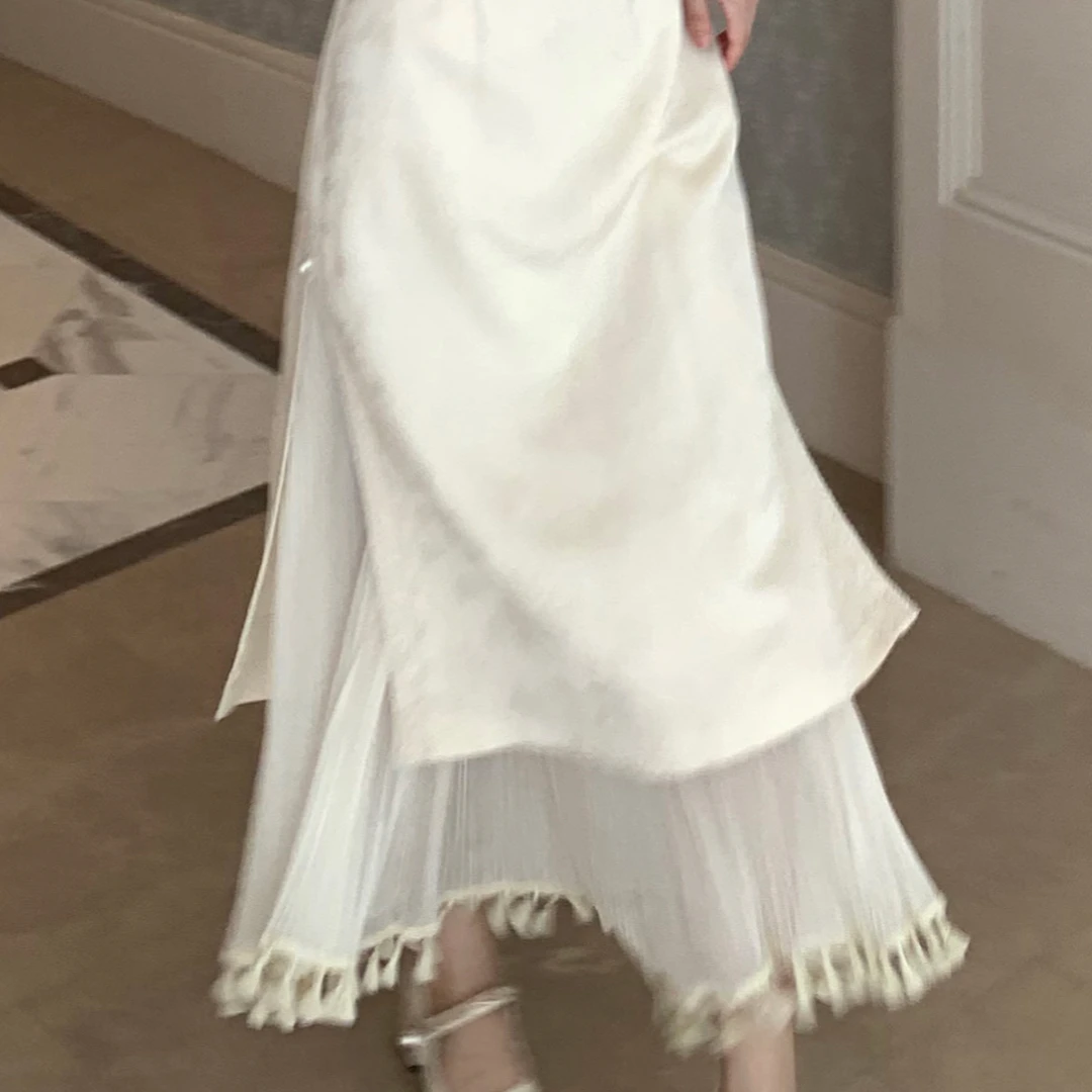 Blovelan云影花枝 气质纯色舒适雪纺皱流苏裙衬半裙