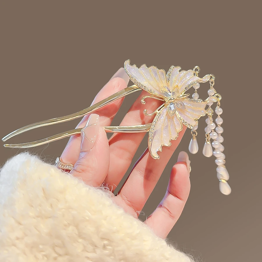 新中式气质蝴蝶珍珠流苏U型发簪女精致盘发簪子固定神器发钗头饰