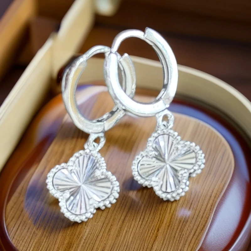 足银耳饰 足银耳环四叶草耳扣师傅手工长款简约耳环耳圈耳坠耳吊