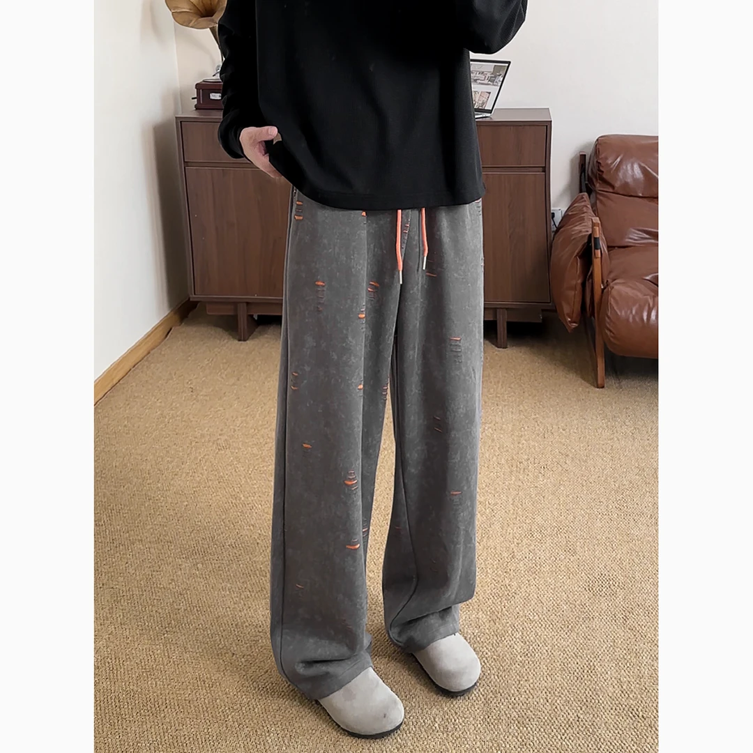 早秋新款美式情侣撞色休闲裤男女宽松直筒裤潮流重磅卫裤弯刀裤