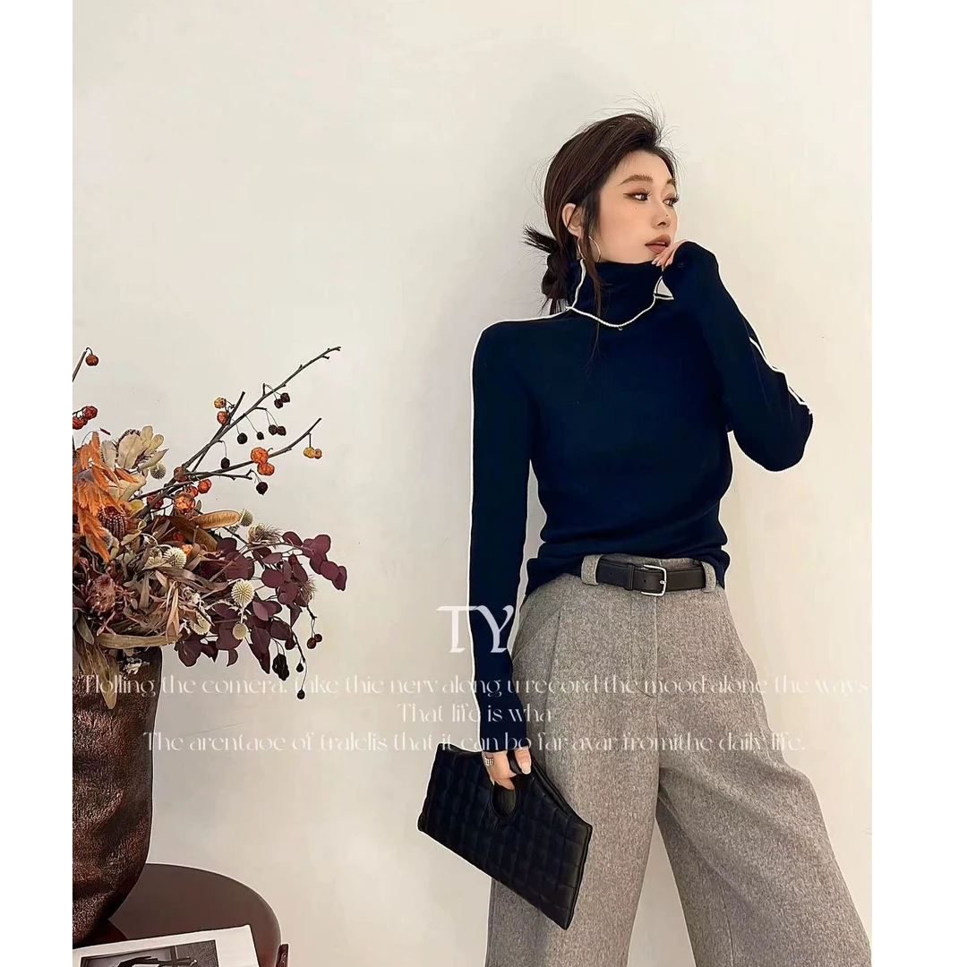 【no退no换 谨慎下单】明线设计高领修身针织衫 7629