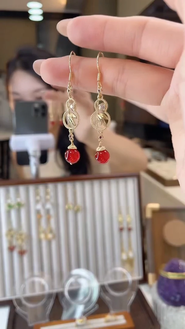 铜合金琉璃925银葫芦红色耳钉
