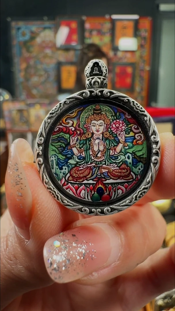 吊坠壹善缘城手绘唐卡四臂观观2.0双面银壳