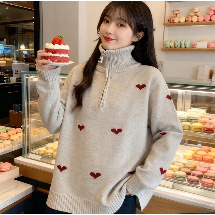【大码】2025秋冬新款胖mm大码女时尚半开领拉链爱心针织毛衣Q08