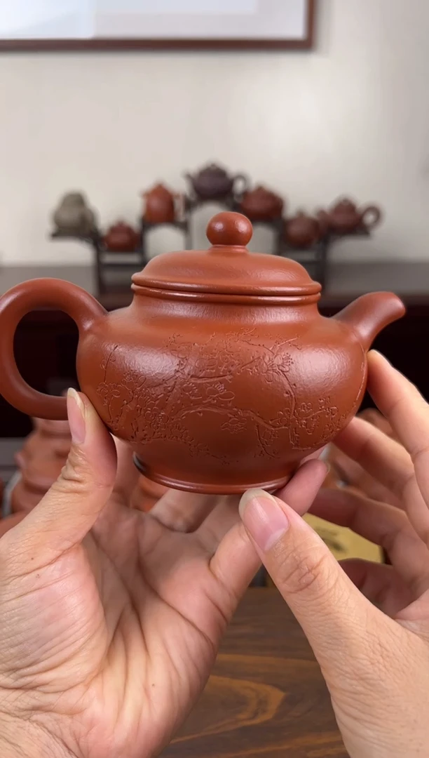 茶壶紫砂朱泥刻绘掇只壶200CC