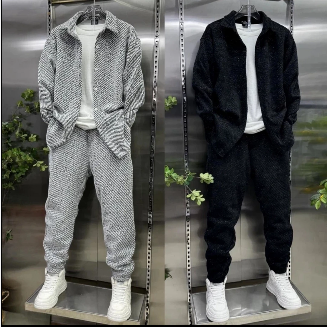 春季慵懒风斜条纹翻领衬衫长裤两件套男潮牌宽松百搭休闲运动套装