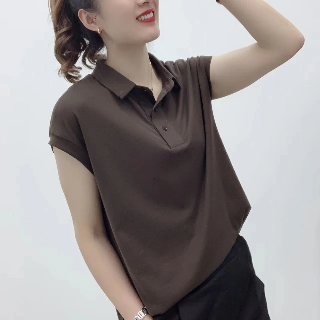 2025夏季新款纯色翻领纽扣短袖休闲百搭显瘦简约气质韩版女士上衣